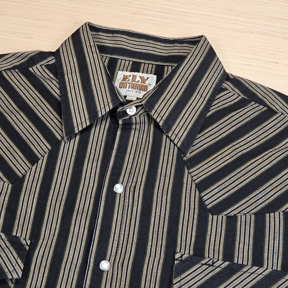 Ely Cattleman Western Shirt Mens M Black Striped Pearl Snap Rodeo Country